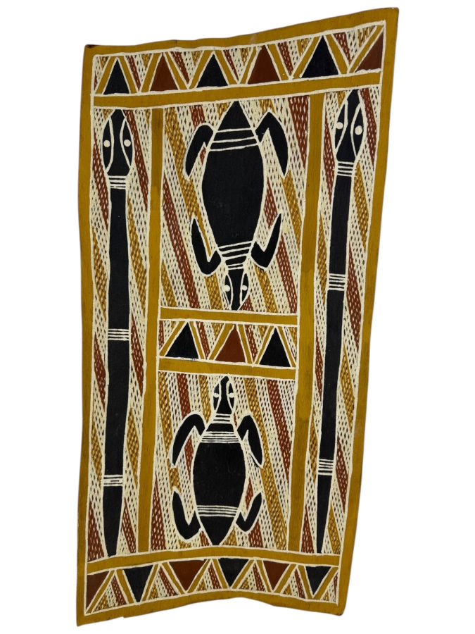 Vintage Australian Aboriginal Eucalyptus Bark Painting from the Milingimbi Birrkili Clan (Eastern Arnhem Land) Featuring Major Totems of the Birrkili Clan Painted by Artist Djimbarrdjimbarrwuy 13' X 27.5' with Provenance on Back