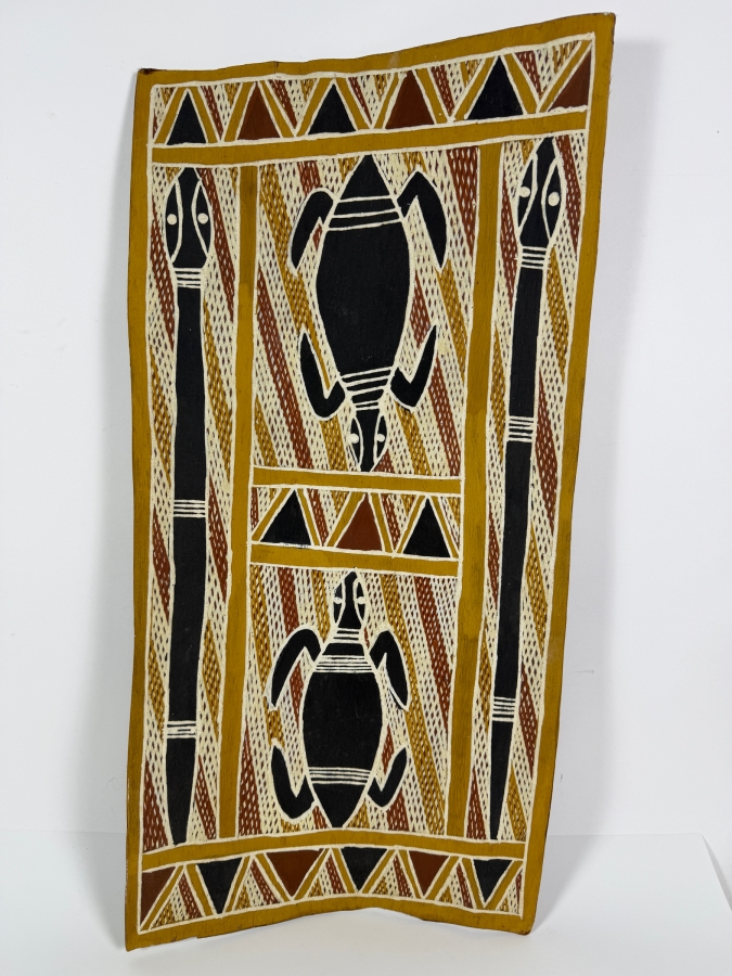 Vintage Australian Aboriginal Eucalyptus Bark Painting from the Milingimbi Birrkili Clan (Eastern Arnhem Land) Featuring Major Totems of the Birrkili Clan Painted by Artist Djimbarrdjimbarrwuy 13' X 27.5' with Provenance on Back [Photo 2]