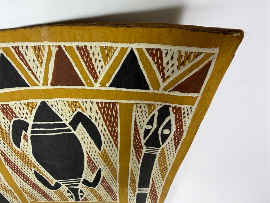 Vintage Australian Aboriginal Eucalyptus Bark Painting from the Milingimbi Birrkili Clan (Eastern Arnhem Land) Featuring Major Totems of the Birrkili Clan Painted by Artist Djimbarrdjimbarrwuy 13' X 27.5' with Provenance on Back [Photo 7]