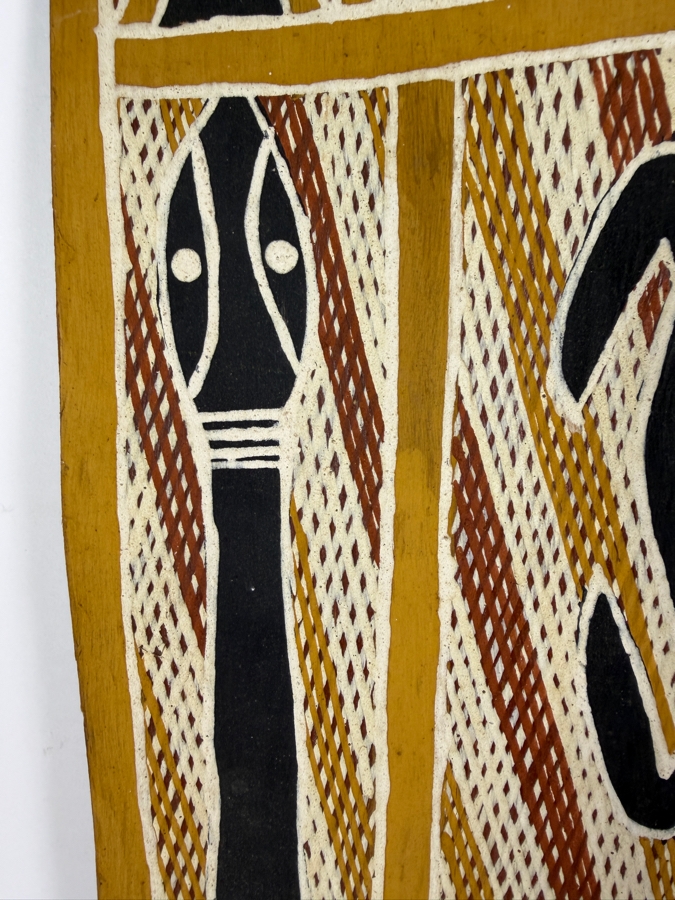 Vintage Australian Aboriginal Eucalyptus Bark Painting from the Milingimbi Birrkili Clan (Eastern Arnhem Land) Featuring Major Totems of the Birrkili Clan Painted by Artist Djimbarrdjimbarrwuy 13' X 27.5' with Provenance on Back [Photo 5]