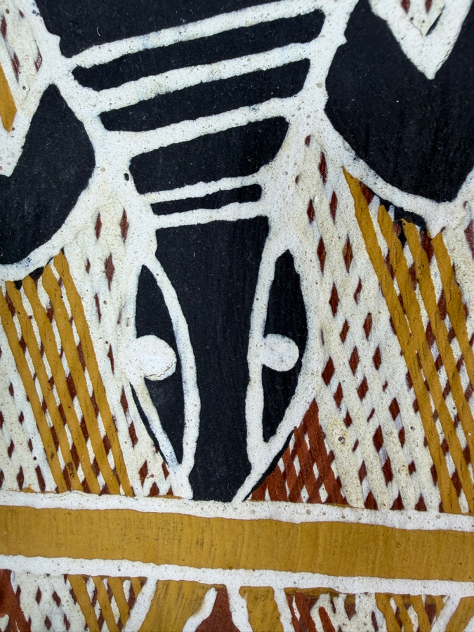 Vintage Australian Aboriginal Eucalyptus Bark Painting from the Milingimbi Birrkili Clan (Eastern Arnhem Land) Featuring Major Totems of the Birrkili Clan Painted by Artist Djimbarrdjimbarrwuy 13' X 27.5' with Provenance on Back [Photo 6]