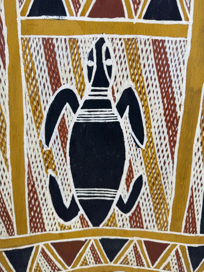 Vintage Australian Aboriginal Eucalyptus Bark Painting from the Milingimbi Birrkili Clan (Eastern Arnhem Land) Featuring Major Totems of the Birrkili Clan Painted by Artist Djimbarrdjimbarrwuy 13' X 27.5' with Provenance on Back [Photo 3]