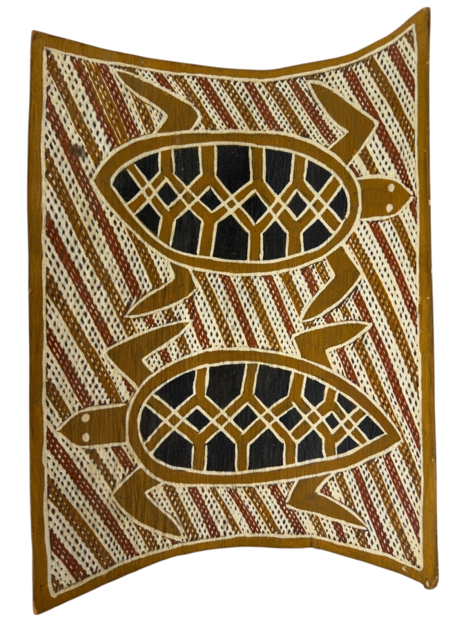 Vintage Australian Aboriginal Eucalyptus Bark Painting from the Milingimbi Birrkili Clan (Eastern Arnhem Land) Featuring Two Turtles Painted by Artist Mamalunhawuy 15' X 10.5' with Provenance on Back