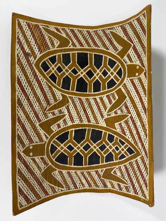 Vintage Australian Aboriginal Eucalyptus Bark Painting from the Milingimbi Birrkili Clan (Eastern Arnhem Land) Featuring Two Turtles Painted by Artist Mamalunhawuy 15' X 10.5' with Provenance on Back [Photo 2]