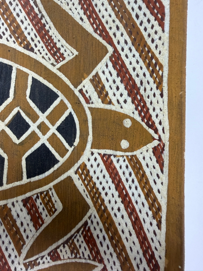 Vintage Australian Aboriginal Eucalyptus Bark Painting from the Milingimbi Birrkili Clan (Eastern Arnhem Land) Featuring Two Turtles Painted by Artist Mamalunhawuy 15' X 10.5' with Provenance on Back [Photo 6]