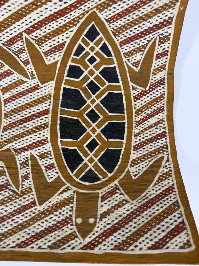Vintage Australian Aboriginal Eucalyptus Bark Painting from the Milingimbi Birrkili Clan (Eastern Arnhem Land) Featuring Two Turtles Painted by Artist Mamalunhawuy 15' X 10.5' with Provenance on Back [Photo 5]