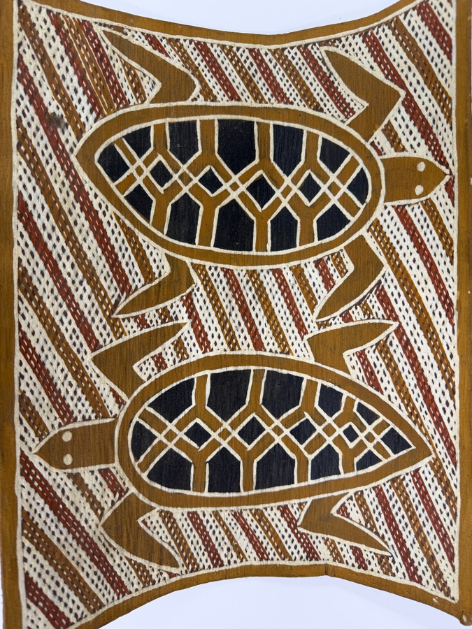 Vintage Australian Aboriginal Eucalyptus Bark Painting from the Milingimbi Birrkili Clan (Eastern Arnhem Land) Featuring Two Turtles Painted by Artist Mamalunhawuy 15' X 10.5' with Provenance on Back [Photo 3]
