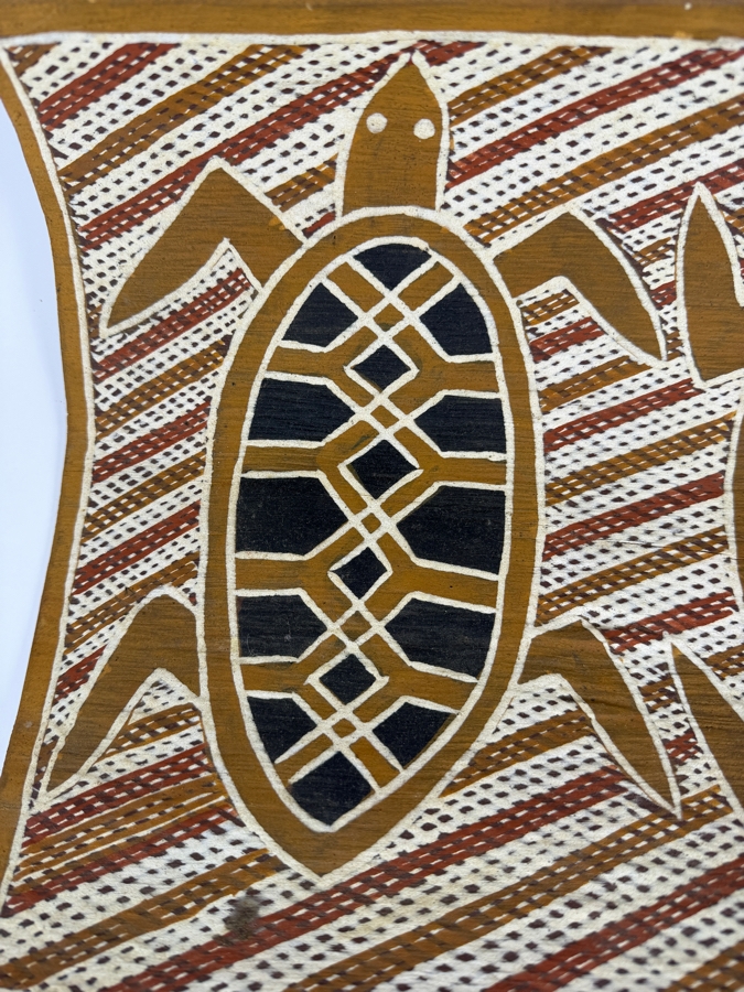 Vintage Australian Aboriginal Eucalyptus Bark Painting from the Milingimbi Birrkili Clan (Eastern Arnhem Land) Featuring Two Turtles Painted by Artist Mamalunhawuy 15' X 10.5' with Provenance on Back [Photo 4]