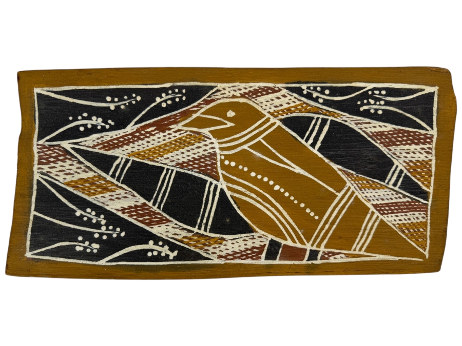 Vintage Australian Aboriginal Eucalyptus Bark Painting from the Milingimbi Daygurrgurer Clan (Eastern Arnhem Land) Featuring a Bird Painted by Artist Manawila 15' X 7' with Provenance on Back