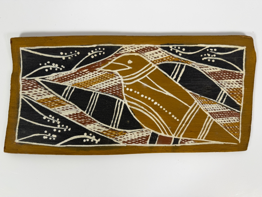 Vintage Australian Aboriginal Eucalyptus Bark Painting from the Milingimbi Daygurrgurer Clan (Eastern Arnhem Land) Featuring a Bird Painted by Artist Manawila 15' X 7' with Provenance on Back [Photo 2]