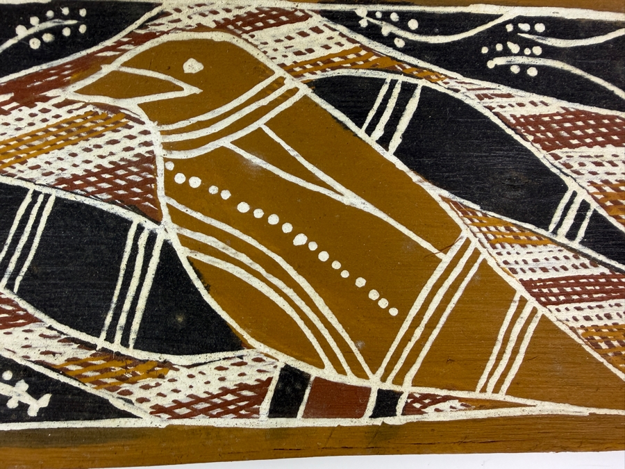 Vintage Australian Aboriginal Eucalyptus Bark Painting from the Milingimbi Daygurrgurer Clan (Eastern Arnhem Land) Featuring a Bird Painted by Artist Manawila 15' X 7' with Provenance on Back [Photo 3]