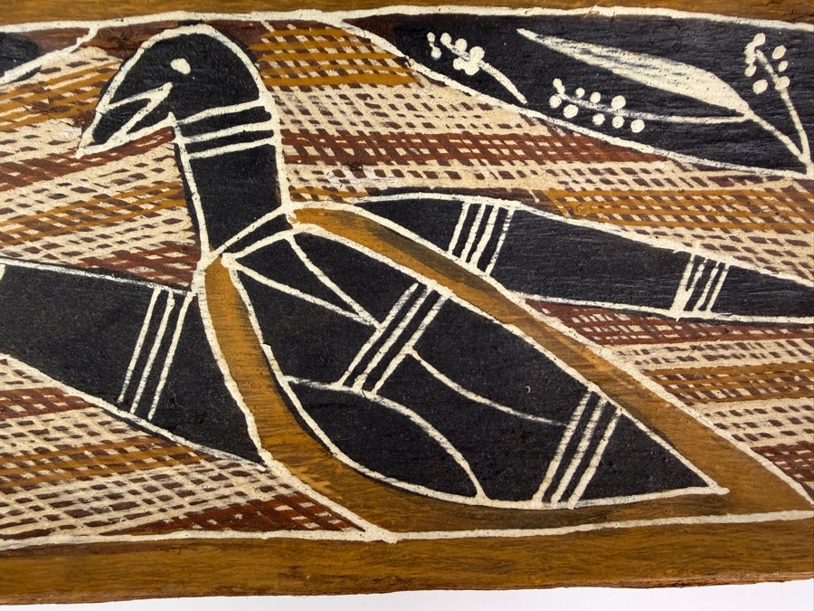 Vintage Australian Aboriginal Eucalyptus Bark Painting from the Milingimbi Daygurrgurer Clan (Eastern Arnhem Land) Featuring a Bird Painted by Artist Manawila 19.5' X 7.5' with Provenance on Back [Photo 4]
