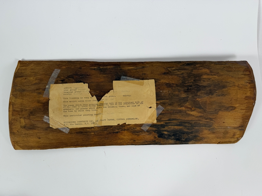 Vintage Australian Aboriginal Eucalyptus Bark Painting from the Milingimbi Daygurrgurer Clan (Eastern Arnhem Land) Featuring a Bird Painted by Artist Manawila 19.5' X 7.5' with Provenance on Back [Photo 6]