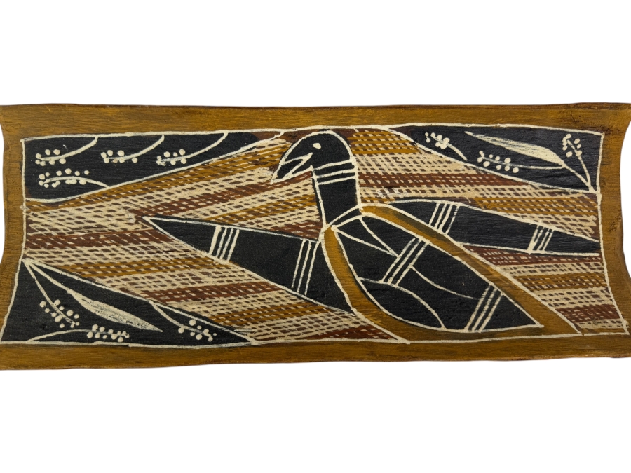 Vintage Australian Aboriginal Eucalyptus Bark Painting from the Milingimbi Daygurrgurer Clan (Eastern Arnhem Land) Featuring a Bird Painted by Artist Manawila 19.5' X 7.5' with Provenance on Back