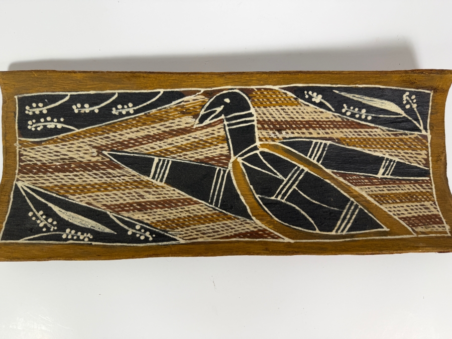 Vintage Australian Aboriginal Eucalyptus Bark Painting from the Milingimbi Daygurrgurer Clan (Eastern Arnhem Land) Featuring a Bird Painted by Artist Manawila 19.5' X 7.5' with Provenance on Back [Photo 2]