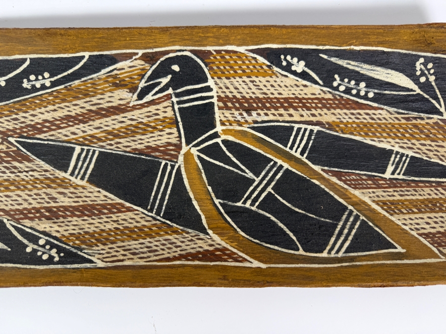 Vintage Australian Aboriginal Eucalyptus Bark Painting from the Milingimbi Daygurrgurer Clan (Eastern Arnhem Land) Featuring a Bird Painted by Artist Manawila 19.5' X 7.5' with Provenance on Back [Photo 3]