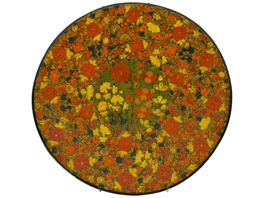 Stunning Vintage Kashmiri Paper Mache Round Footed Bowl 12.5W X 2H