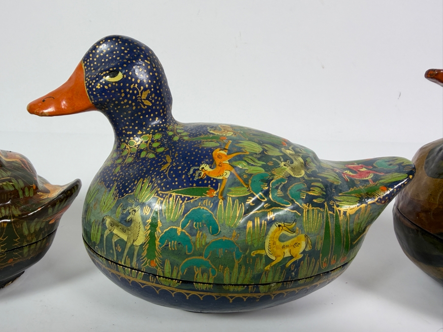 (3) Vintage Kashmiri Paper Mache Trinket Boxes in Shape of Ducks 7W X 5H [Photo 3]