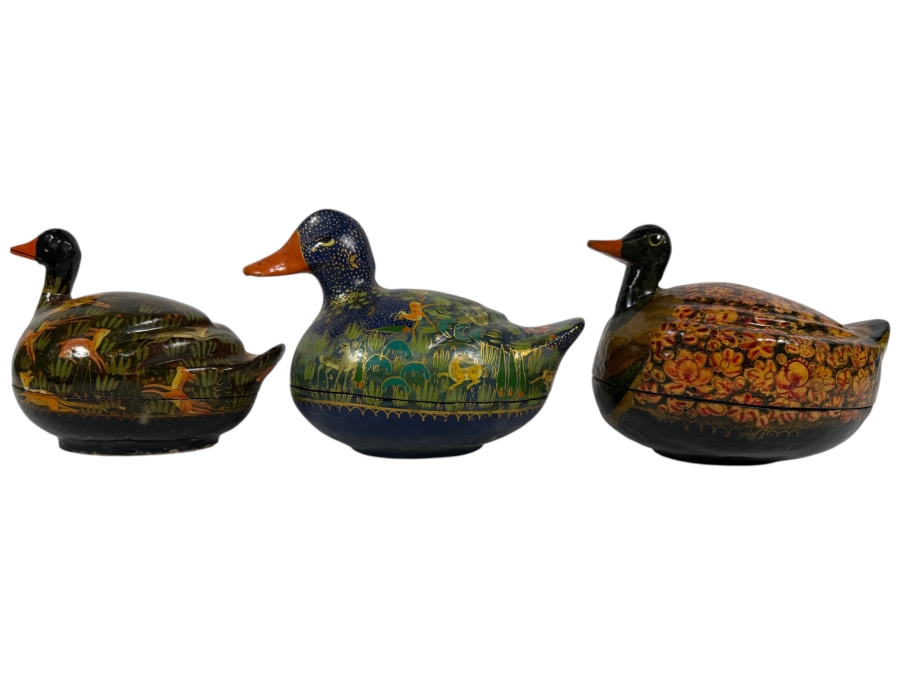 (3) Vintage Kashmiri Paper Mache Trinket Boxes in Shape of Ducks 7W X 5H