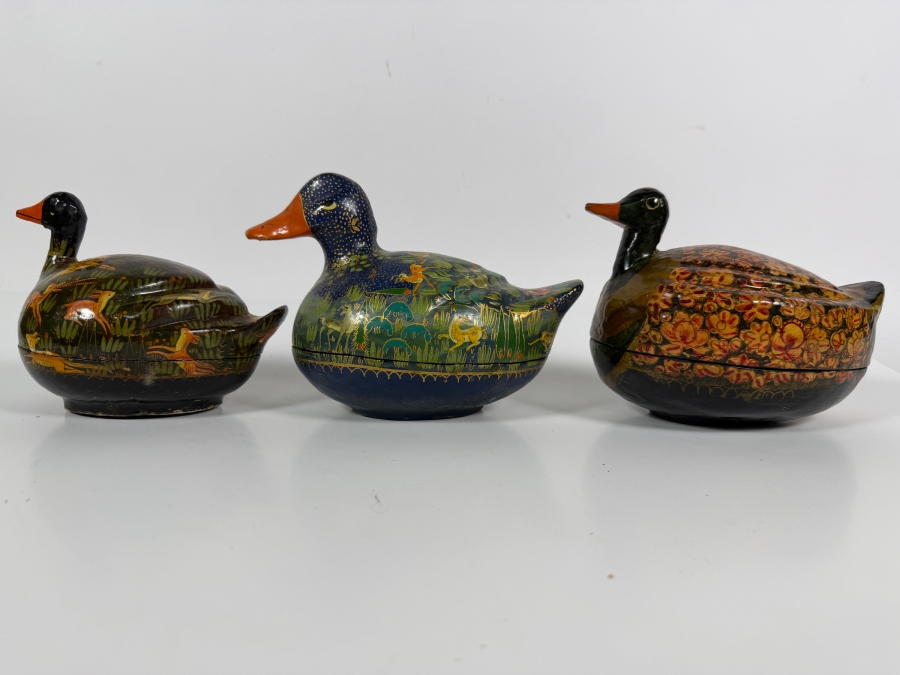 (3) Vintage Kashmiri Paper Mache Trinket Boxes in Shape of Ducks 7W X 5H [Photo 2]