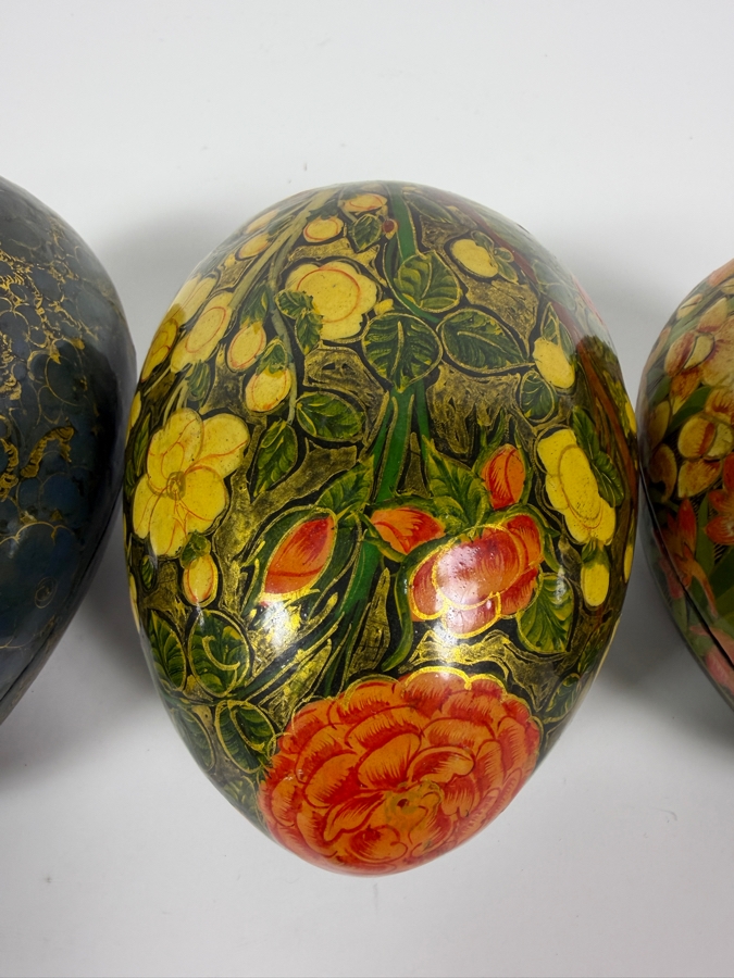 (3) Vintage Kashmiri Paper Mache Egg Trinket Boxes 6W [Photo 5]