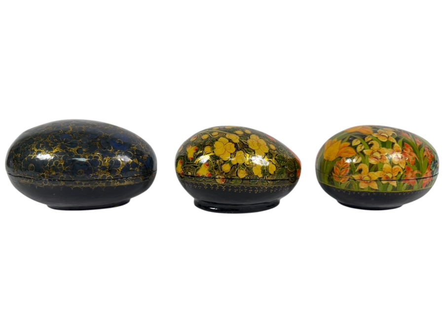 (3) Vintage Kashmiri Paper Mache Egg Trinket Boxes 6W
