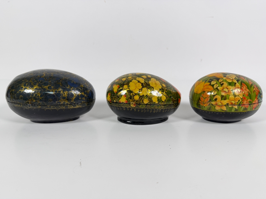 (3) Vintage Kashmiri Paper Mache Egg Trinket Boxes 6W [Photo 2]