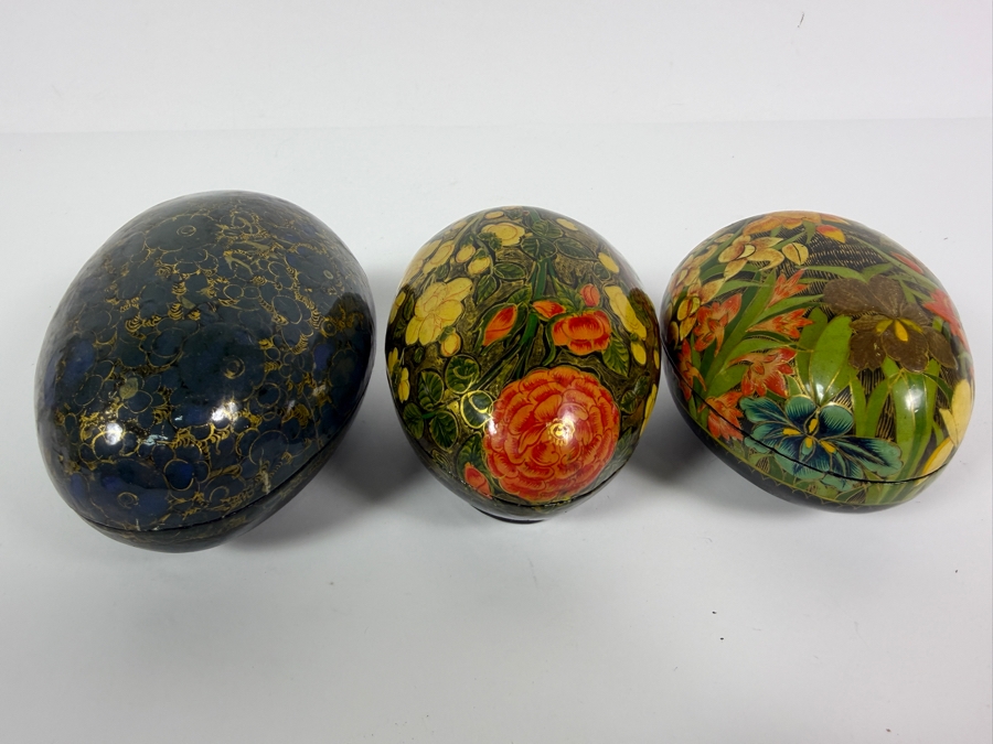 (3) Vintage Kashmiri Paper Mache Egg Trinket Boxes 6W [Photo 3]