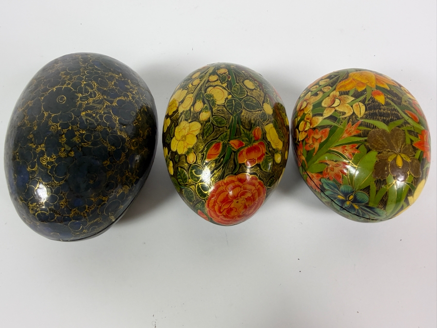 (3) Vintage Kashmiri Paper Mache Egg Trinket Boxes 6W [Photo 4]