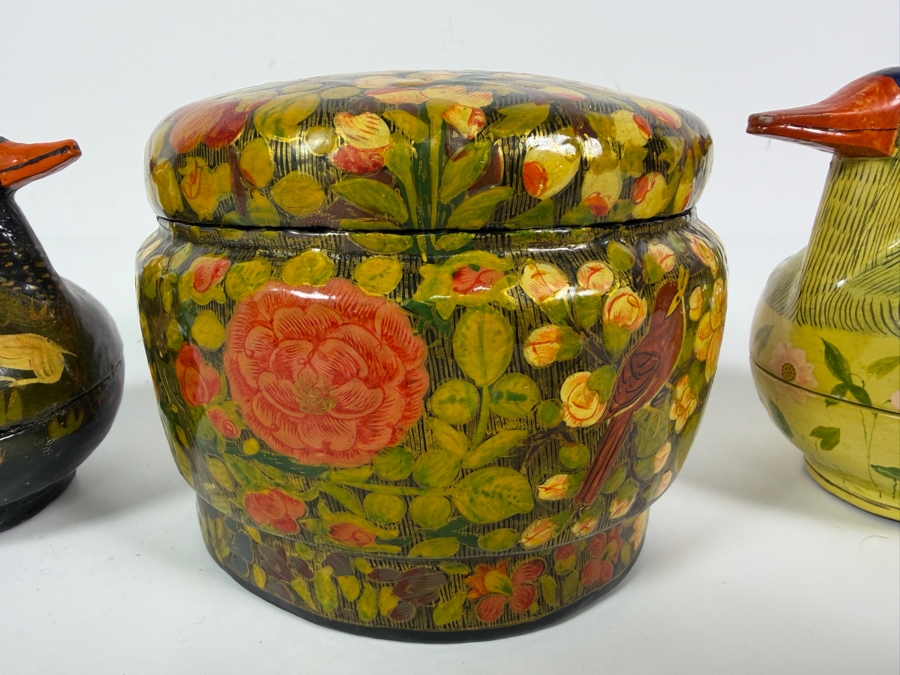 (2) Vintage Kashmiri Paper Mache Trinket Boxes in Shape of Ducks and (1) Vintage Kashmiri Paper Mache Trinket Box [Photo 4]