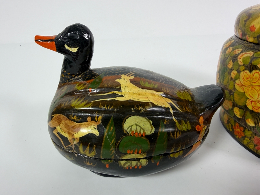 (2) Vintage Kashmiri Paper Mache Trinket Boxes in Shape of Ducks and (1) Vintage Kashmiri Paper Mache Trinket Box [Photo 11]