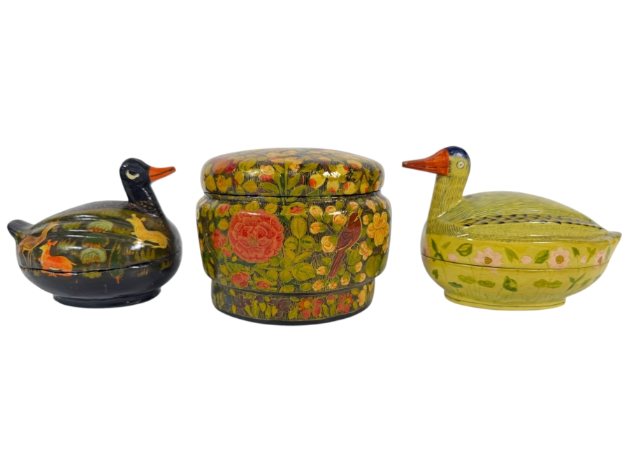 (2) Vintage Kashmiri Paper Mache Trinket Boxes in Shape of Ducks and (1) Vintage Kashmiri Paper Mache Trinket Box