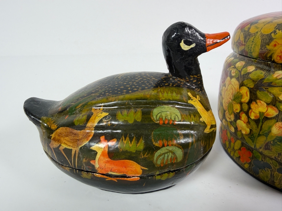 (2) Vintage Kashmiri Paper Mache Trinket Boxes in Shape of Ducks and (1) Vintage Kashmiri Paper Mache Trinket Box [Photo 6]