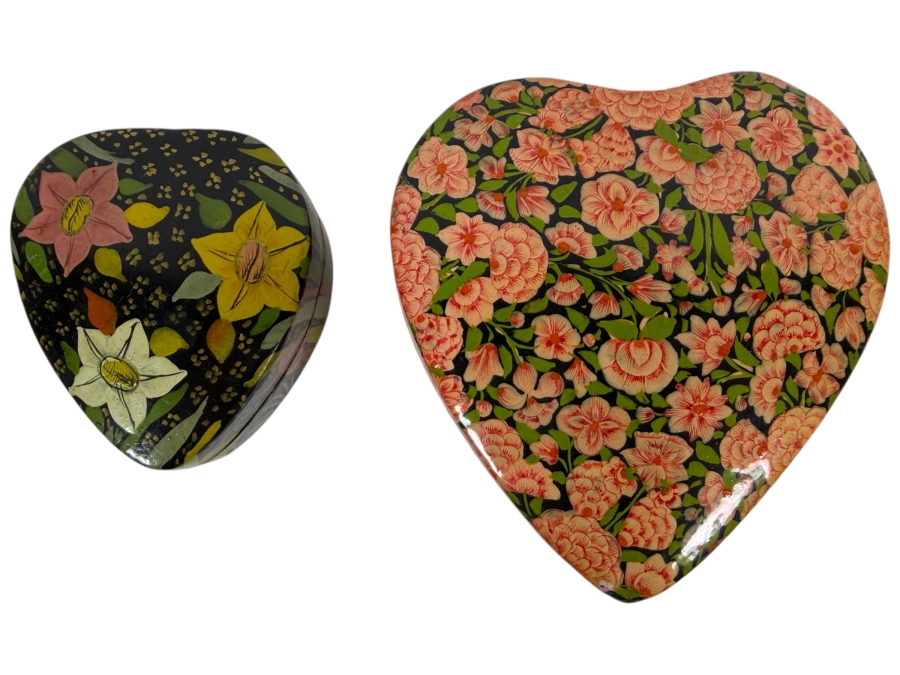 (2) Vintage Kashmiri Paper Mache Heart Shaped Trinket Boxes