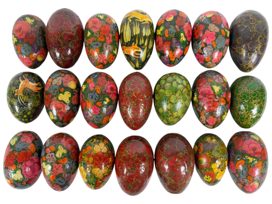 (21) Vintage Hand-painted Lacquered Paper Mache Eggs from Kashmir