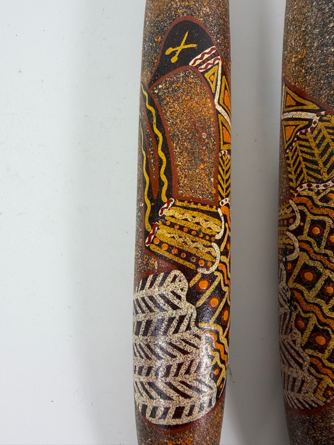 Pair of Vintage Australian Aboriginal Hand-painted Clap Sticks Percussion Instruments Used in Aboriginal Ceremonies 13L [Photo 3]