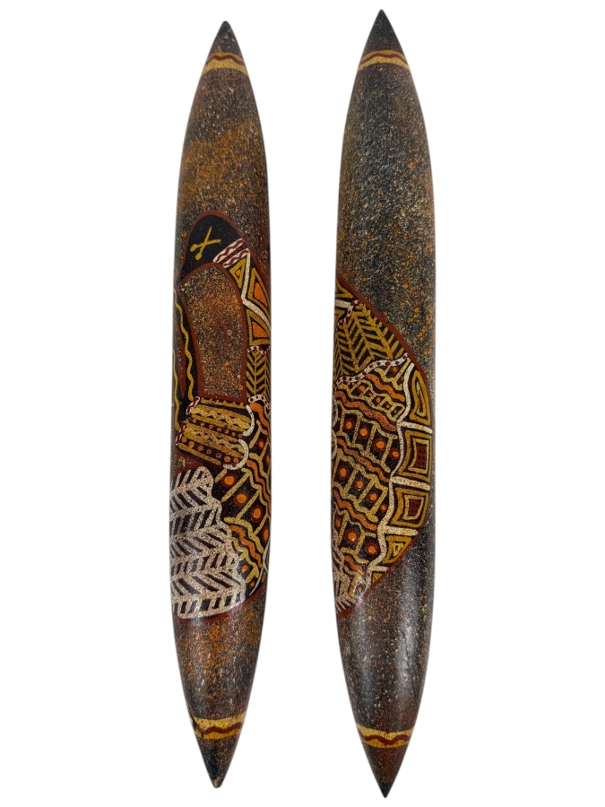 Pair of Vintage Australian Aboriginal Hand-painted Clap Sticks Percussion Instruments Used in Aboriginal Ceremonies 13L