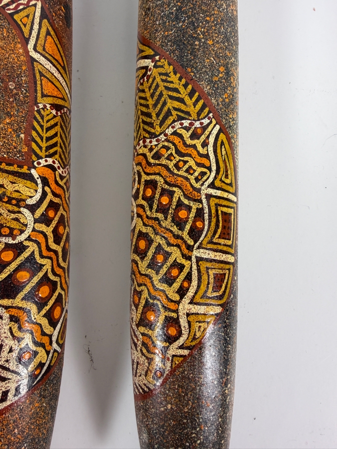 Pair of Vintage Australian Aboriginal Hand-painted Clap Sticks Percussion Instruments Used in Aboriginal Ceremonies 13L [Photo 4]