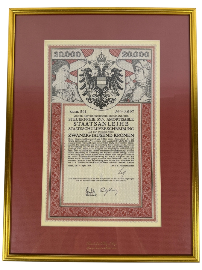 Antique 1916 20,000 Kronen Bond Certificate from the Fourth Austrian War Loan Framed 14.5 X 19 [Photo 2]