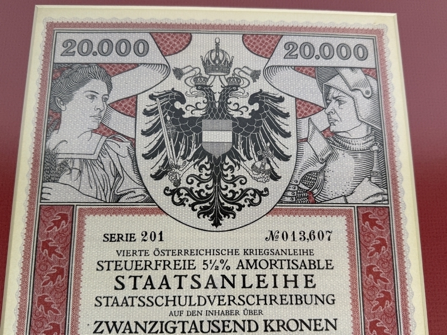 Antique 1916 20,000 Kronen Bond Certificate from the Fourth Austrian War Loan Framed 14.5 X 19 [Photo 6]