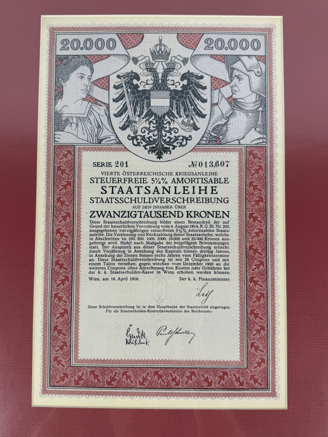 Antique 1916 20,000 Kronen Bond Certificate from the Fourth Austrian War Loan Framed 14.5 X 19
