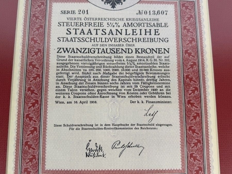 Antique 1916 20,000 Kronen Bond Certificate from the Fourth Austrian War Loan Framed 14.5 X 19 [Photo 7]