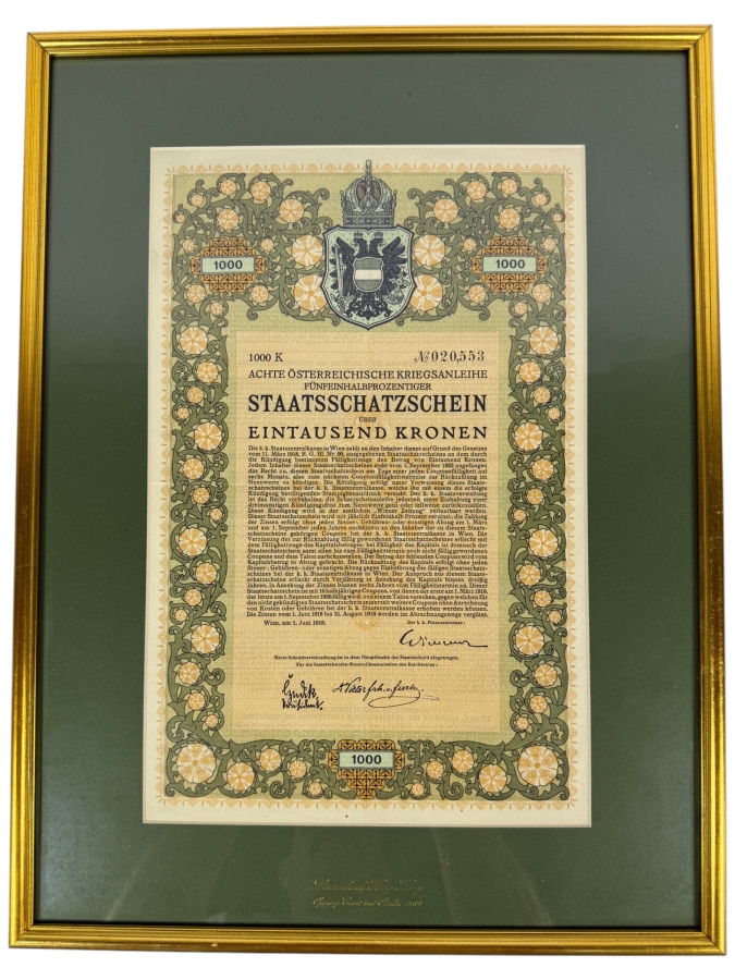 Antique 1918 1,000 Kronen Bond Certificate from the 8th Austrian War Loan Framed 14.5 X 19 [Photo 2]