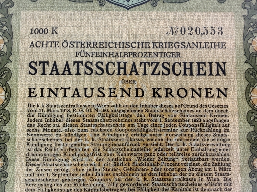Antique 1918 1,000 Kronen Bond Certificate from the 8th Austrian War Loan Framed 14.5 X 19 [Photo 5]