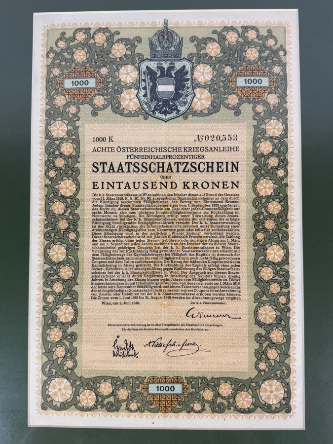 Antique 1918 1,000 Kronen Bond Certificate from the 8th Austrian War Loan Framed 14.5 X 19