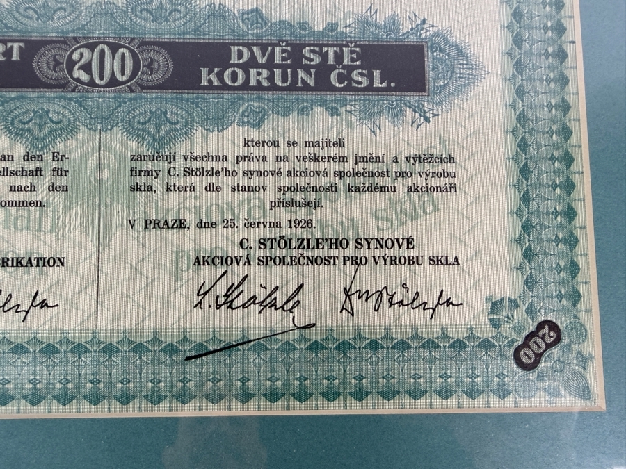 Antique 1926 Czechoslovakian Stock Certificate for C. Stölzle's Söhne, a Glass Manufacturing Company for a 200 Korun Share 17 X 14 [Photo 7]