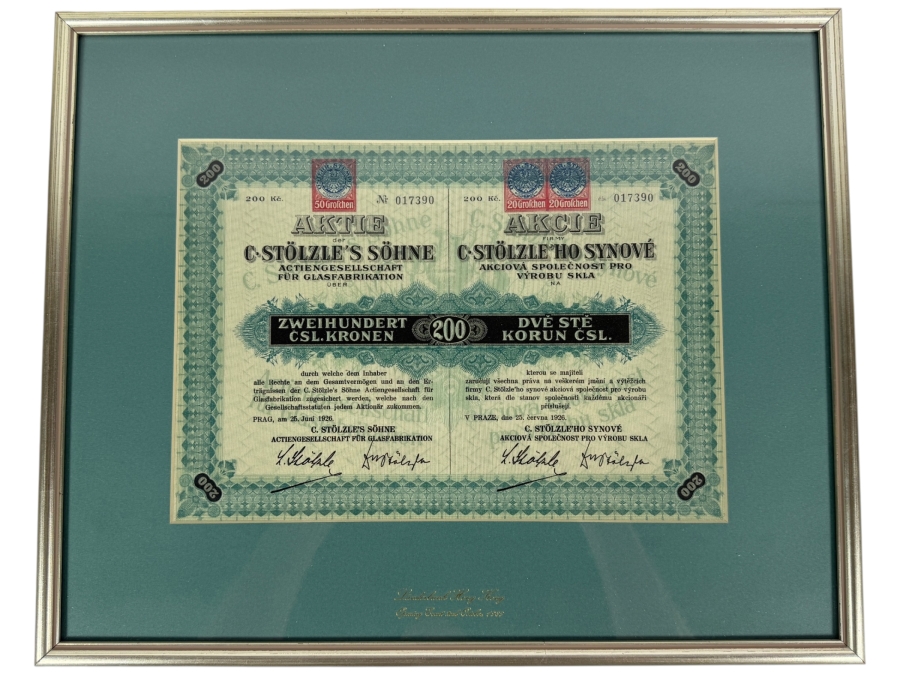 Antique 1926 Czechoslovakian Stock Certificate for C. Stölzle's Söhne, a Glass Manufacturing Company for a 200 Korun Share 17 X 14 [Photo 2]