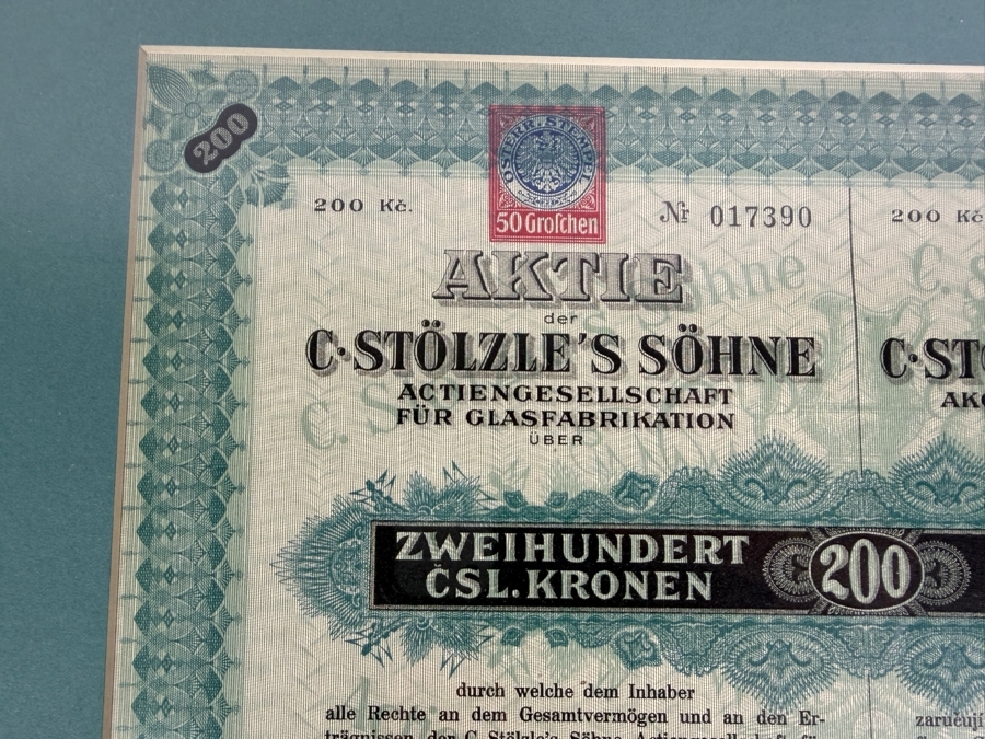 Antique 1926 Czechoslovakian Stock Certificate for C. Stölzle's Söhne, a Glass Manufacturing Company for a 200 Korun Share 17 X 14 [Photo 4]