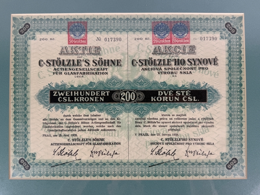Antique 1926 Czechoslovakian Stock Certificate for C. Stölzle's Söhne, a Glass Manufacturing Company for a 200 Korun Share 17 X 14