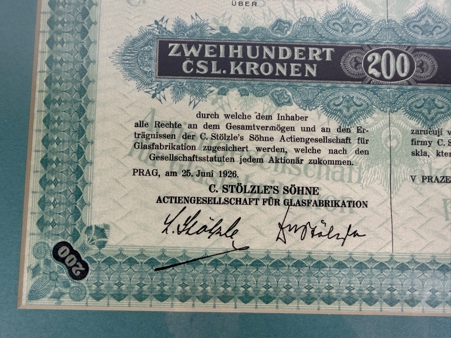 Antique 1926 Czechoslovakian Stock Certificate for C. Stölzle's Söhne, a Glass Manufacturing Company for a 200 Korun Share 17 X 14 [Photo 5]